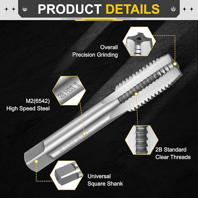 uxcell Hand Plug Tap 3/4"-10 BSW 2B Thread Plug Style Taps Straight Flute Screw Tapping Threading Tool High Speed Steel HSS6542