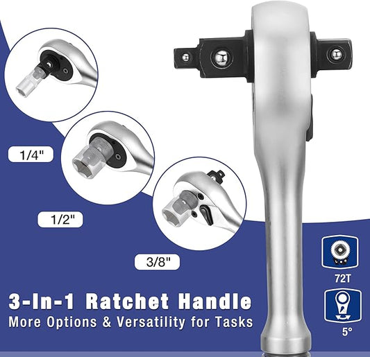 WORKPRO 22-Piece Socket Set with 3-in-1 Ratchet Handle, 1/4, 3/8, 1/2 Inch Drive Socket Wrench, CR-V Metric Socket Set, Extension Bars, Storage Box Included, Mechanics Tool Sets for Auto Repairing