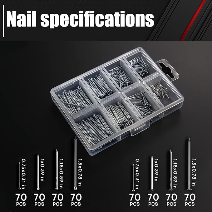 C&T 2 Piece Hammer Set,8oz Stubby Claw Hammer With Magnetic Nail Starter & 16oz Fiberglass General Purpose Claw Hammer & 560pcs Hardware Nail Assortment Kit, Soft Nonslip Handle & Heat Treated Head