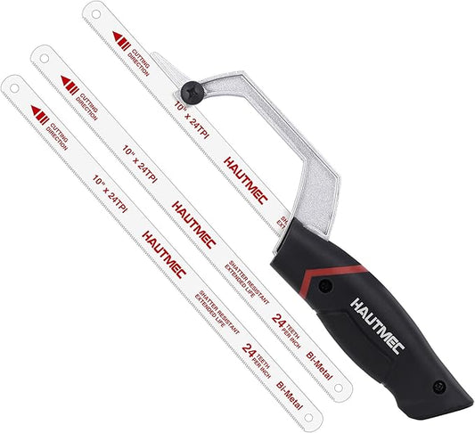 HAUTMEC Compact Hacksaw, Mini Hack Saw with 3Pcs 10" Bi-Metal HSS Blade, Cutting Guide Design & Tool-Free Screws, Small Hand Saw for Metal Wood PVC, Especially Cuts in Tight Hard-Reach Spaces –HT0426