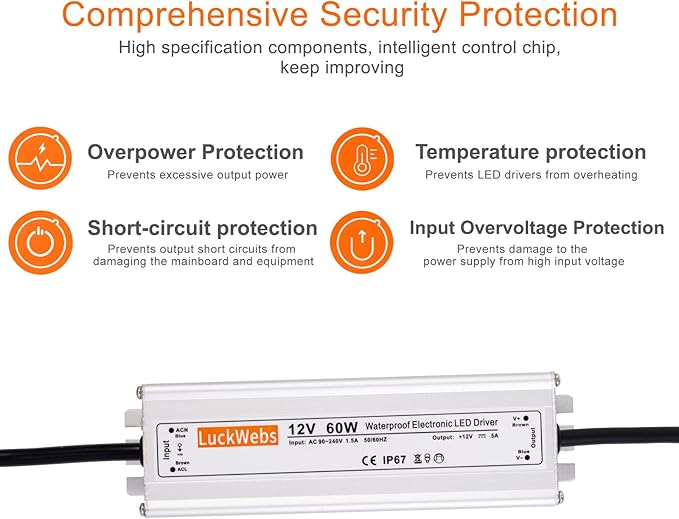 LED Driver 12V60W Waterproof IP67 Power Supply Transformer AC90-240V to DC 12V5A Switching Power Supply Stable Performance Suitable for Indoor Outdoor LED Strip Lights and 12V DC Devices