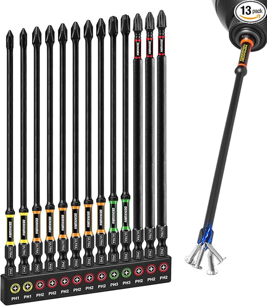 Double Impact #1#2#3 Phillipes Screwdriver Bits Set, 13pcs 6??(PH1/PH2/PH3) Magnetic D2 Steel Long Extension Driver Bits Set with Color Coded Base