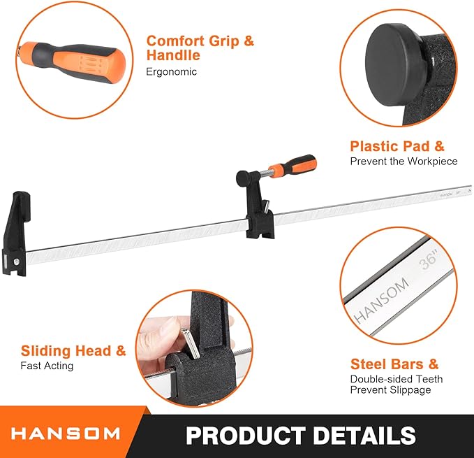 HANSOM 4-Pack 36 inch Bar Clamps,Long Wood Clamps Heavy Duty Force 600 Lbs Adjustable and Release Quickly,Woodworking Clamps Throat Depth 2.5 inch with Plastic Handle