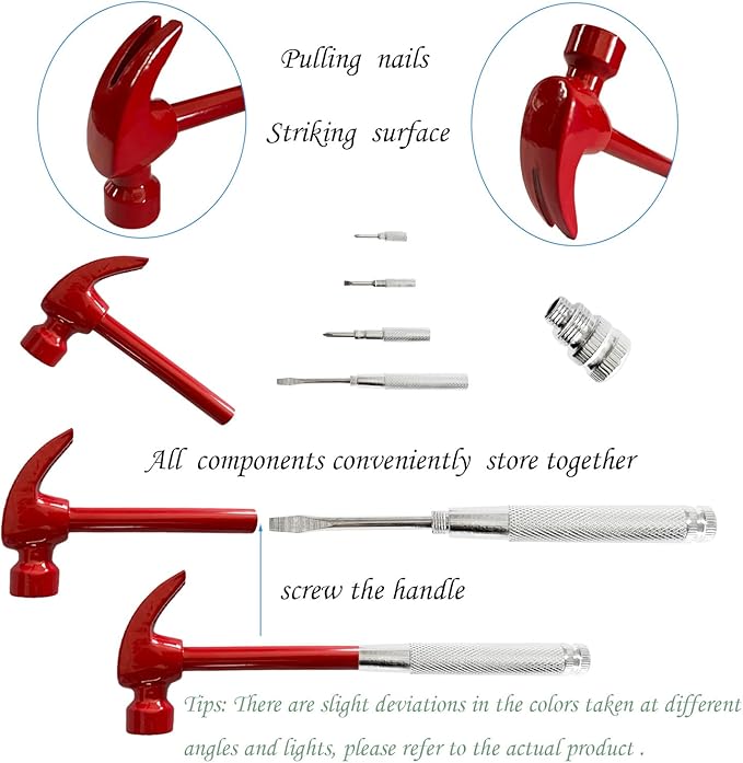 Red 6 in 1 Multitool Mini Hammer & Screwdriver Set - Camping Hand Tools with Metal Hammer Head