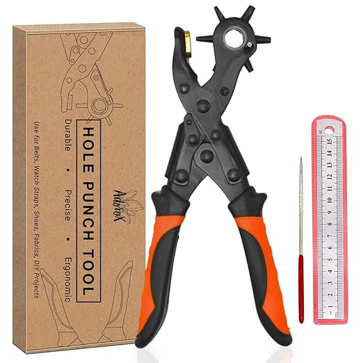 Adorox Heavy Duty Quality & Professional Design Revolving Hole Punch Pliers Kit ??with Steel Ruler & File, Puncher with 6 Hole Sizes for Belts, Watch Straps, Saddles, Shoes & DIY Crafts