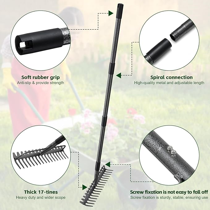 63'' Bow Rake 竊?7 Tines Metal Head Rakes with Stainless Steel Handle竊똇eavy Duty Garden Rake for Loosening Soil Gathering Leaf Leveling Lawn Farming Land Management Yarn Thatch Rake
