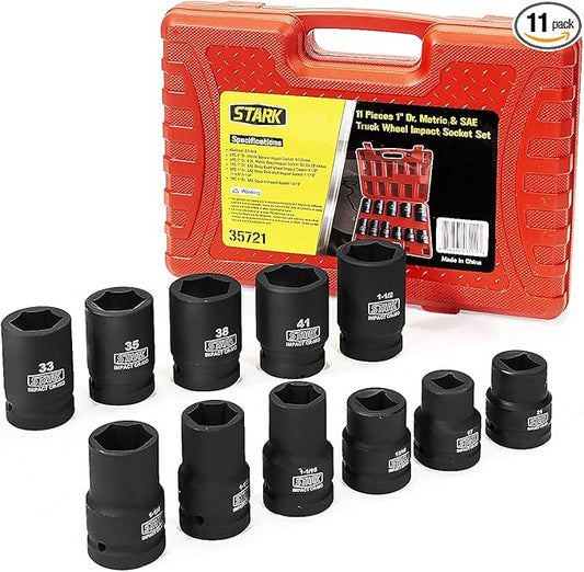 Stark USA 11-piece Premium Impact Socket Set 1"-inch Drive Metric & SAE Truck Socket Wheel Cr-Mo Steel 6-Point/Square Socket Carrying Case