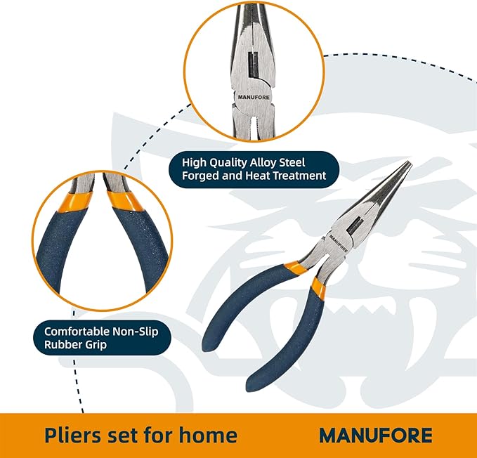 MANUFORE 3-Piece Pliers Set, 6 Inch Long Nose,6 Inch Slip Joint, 8 Inch Water Pump Pliers, Multi-Purpose Hand Tools for DIY and Home Use