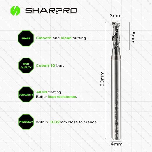3MM End Mills 4MM Shank, 2 Flute Carbide Square Endmill with AlCrN Coated, Upcut Spiral CNC Router Bits for Alloy Steel, Metal and Stainless Steel