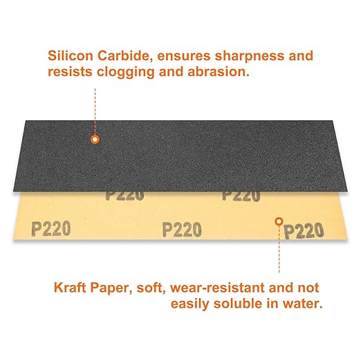 HARFINGTON 25pcs Sandpaper 220 Grit 9 x 3.6 Inch Waterproof Backing Silicon Carbide Abrasive Wet Dry Sanding Sheets for Wood Finishing, Metal Sanding, Automotive Polishing
