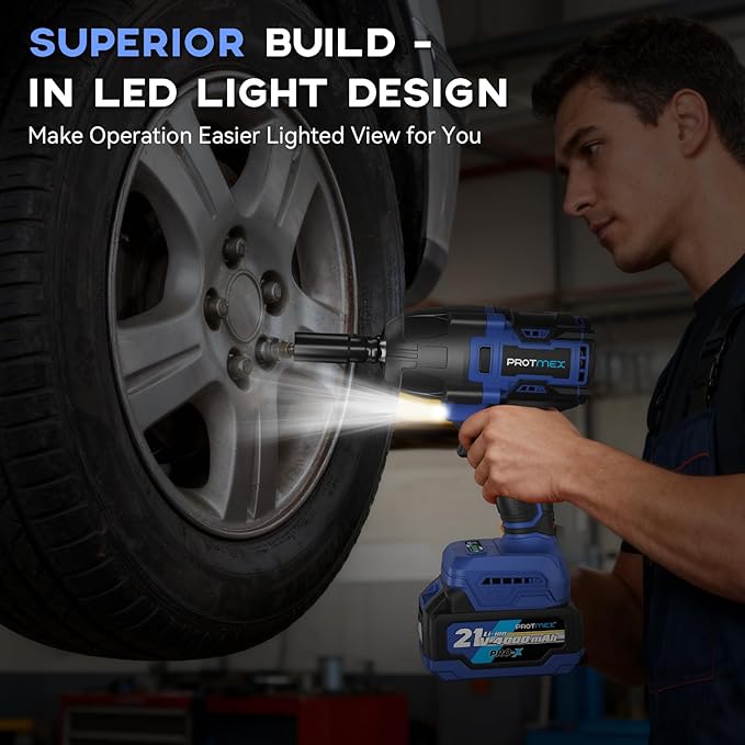 Protmex 900Ft-lbs (1200N.m) Impact Wrench, 1/2" Cordless Impact Gun, 21V High Torque Brushless Impact Driver, 2x4.0Ah Batteries Electric Impact Motor Variable Speeds for Car/Pickup Truck/Mower, Blue