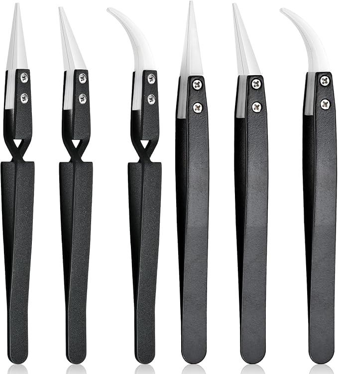6 Pcs Precision Reverse Ceramic Tweezers Set, Non-Conductive Heat-resistant Electronics Soldering Tweezers Anti-Magnetic Pointed & Curved Tips Tweezers for Solder, Pinching Coils (Black)