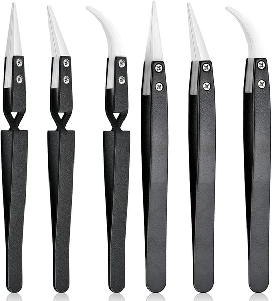 6 Pcs Precision Reverse Ceramic Tweezers Set, Non-Conductive Heat-resistant Electronics Soldering Tweezers Anti-Magnetic Pointed & Curved Tips Tweezers for Solder, Pinching Coils (Black)