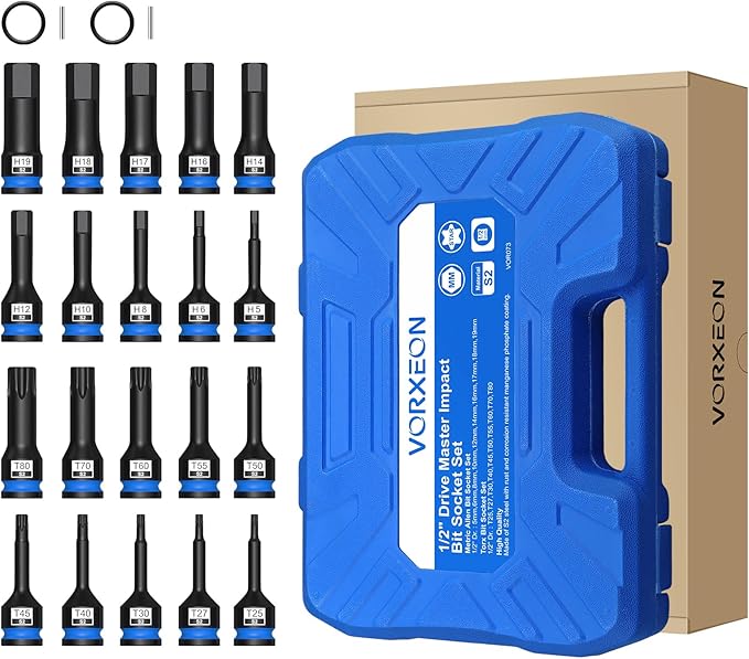 20 PCS Impact socket set Allen Hex and Torx Star Bit socket S2 Alloy Steel One-piece forged With Storage Case, 1/2" Drive 5mm-19mm T25 - T80