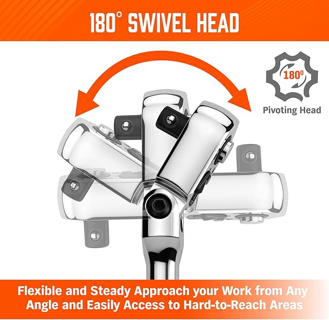 HORUSDY 3/8" Drive 90-Tooth Flex Head Ratchet Handle, 180째 Adjustable CR-V Ratchet with Quick Release & Reversible Switch, 4째 Swing Arc Socket Wrench for Automotive, Bike & DIY Repair