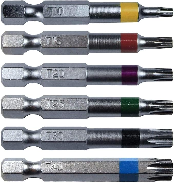 Torx/Star Drive 6 Piece Bit Set 2" Quick Change Shank (Color Coded) Includes T-10, T-15, T-20, T-25, T-30, T-40 Torx/Star Screw Driver Bits