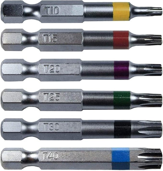 Torx/Star Drive 6 Piece Bit Set 2" Quick Change Shank (Color Coded) Includes T-10, T-15, T-20, T-25, T-30, T-40 Torx/Star Screw Driver Bits