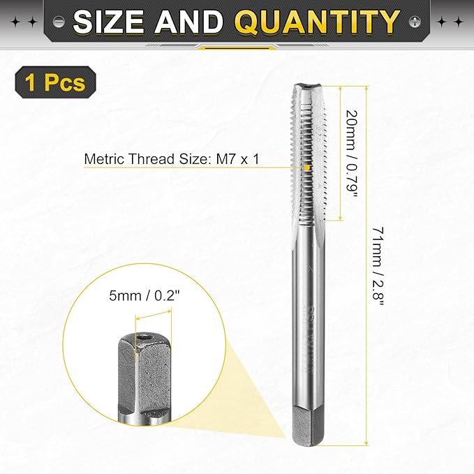 uxcell Hand Plug Tap M7 x 1 H2 Metric Thread Plug Style Taps Straight Flute Screw Tapping Threading Tool High Speed Steel HSS6542