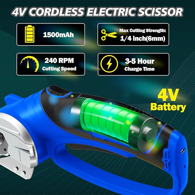 Cordless Electric Scissors, 4V Rechargeable Box Cutter & Cardboard Cutter with Titanium Blade, LED Light, Safety Lock - Rotary Cutter for Fabric, Leather, Carpet, Plastic, Crafting, Sewing(Royal Blue)