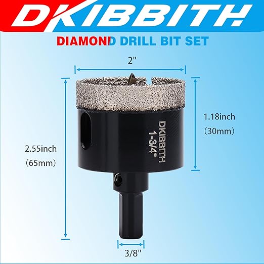 DKIBBITH 1-3/4" Diamond Hole-Saw Bits with Pilot Drill Bit - 1-3/4" Diamond Tipped Tile Hole Saws with Guiding Bit for Porcelain Tile Ceramic Pottery Granite Stone Glass Bottles 45mm.