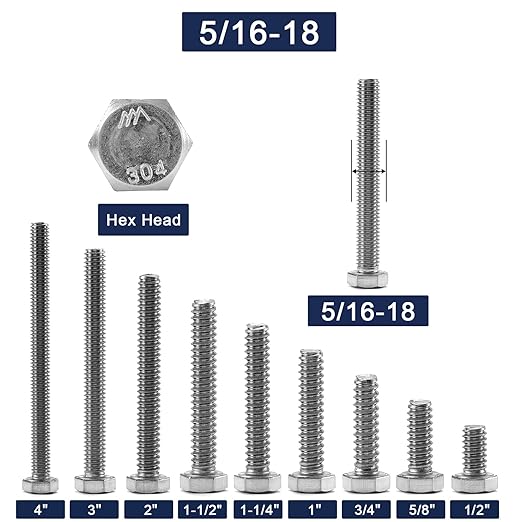 5/16-18 x 3" Hex Head Screw Bolt, 10Pcs 18-8 (304) Stainless Steel, Fully Threaded, Plain Finish, by SG TZH