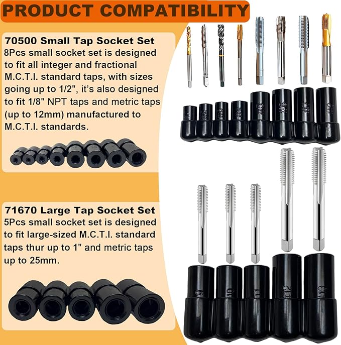 70500 Tap Socket Set + 71670 Tap Socket Set, 13Pcs Tap Socket Wrench Adapter Set Fits All Number & Fractional M.C.T.I. Standard Taps