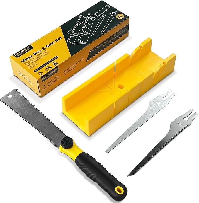 4-Piece Miter Box and Saw Set, 2.68 × 12-Inch Mitre Box with 3 Mitre Saws for Hardwood to Soft Metal Precise Miter and Bevel Cuts, Miter Box with Saw Included for Light-duty Tasks Only