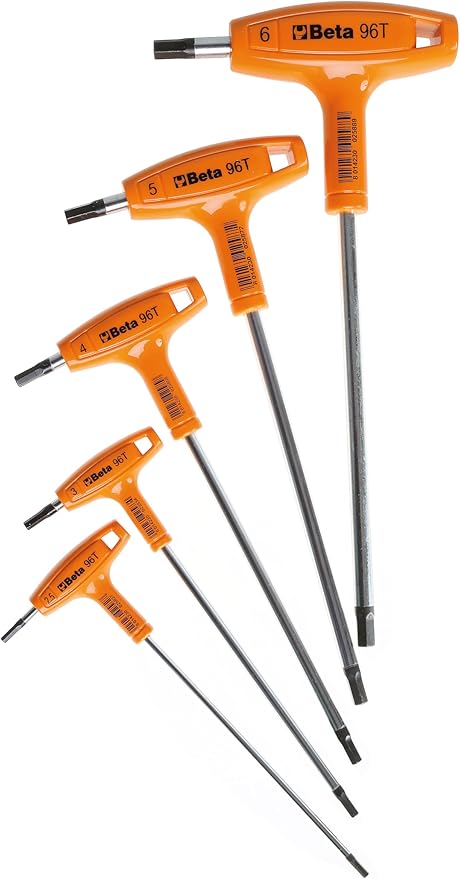 Beta 96T Metric T-Handle Hex Key Wrench Set 2.5-6mm | High Torque Ergonomic Allen Wrench with Dual Hex Tips | Drop Prevention Hole | Industrial Strength | Made in Italy