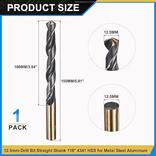PATIKIL 12.5mm Drill Bit, Jobber Straight Shank 4341 High-Speed Steel 118째 Black and Gold Finish for Medium-Hard Metal Steel Acrylic - 1 Pack