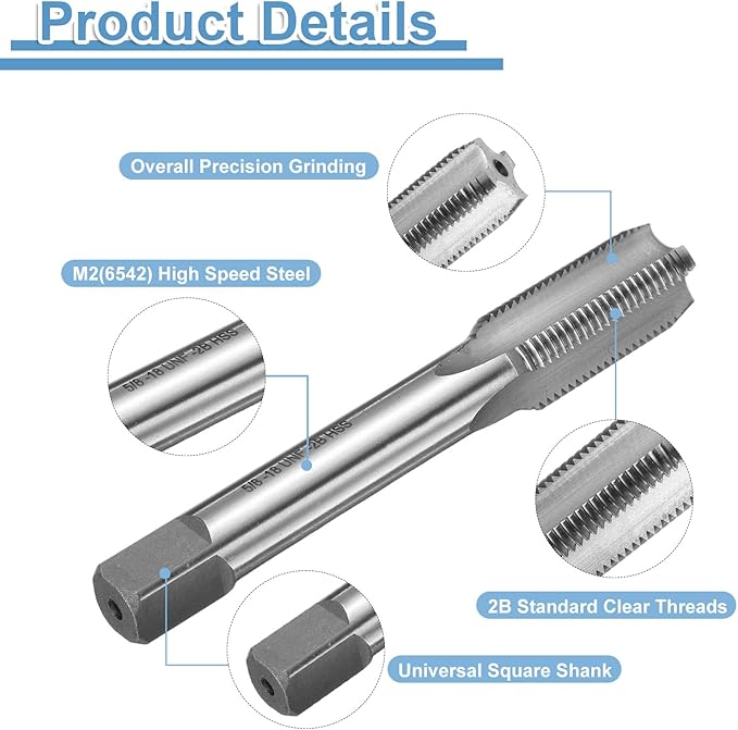 uxcell Hand Bottom Tap 5/8-18 UNF 2B Thread Bottoming Style Threading Taps High Speed Steel HSS6542 Straight Flutes Screw Tapping Tool