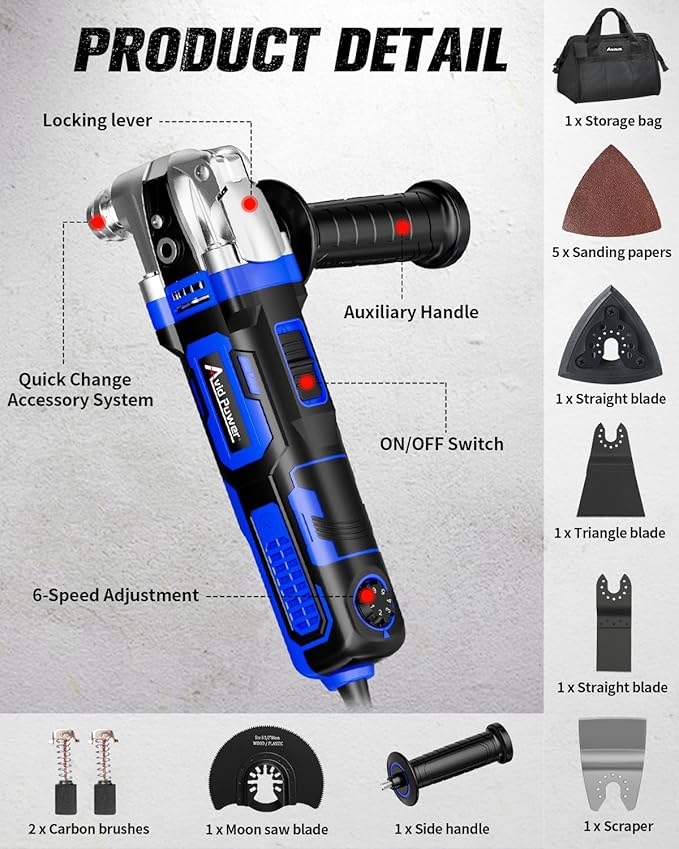 AVID POWER Oscillating Tool, 3.5-Amp Oscillating Multi Tool with 4.5째 Oscillation Angle, 6 Variable Speeds and 13pcs Saw Accessories, Auxiliary Handle and Carrying Bag - Blue