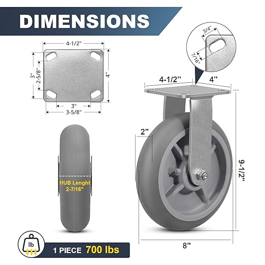 8"x 2" Heavy Duty Caster, Thermoplastic Rubber Casters(Crown Tread)- 700 Lbs Per Casters, Plate Caster for Furniture Platform Trucks Workbench(2 Pack Rigid)