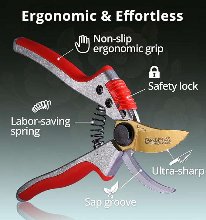 Gardeness Titanium Bypass Pruning Shears- SK5 Steel Garden Clippers For Gardening, Florist cutters-Floral Secateurs with Soft Comfort Grip Handles for Trimming Flowers, Branches, Shrubs and Plants
