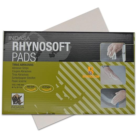 Indasa Rhynosoft Foam Sanding Pads - 4.5" x 5.5",Hook and Loop, 150 Grit, Plusline, Flexible, Tear-Resistant, Ideal for Automotive,Wood,& Finishing (Pack of 20 Pads)