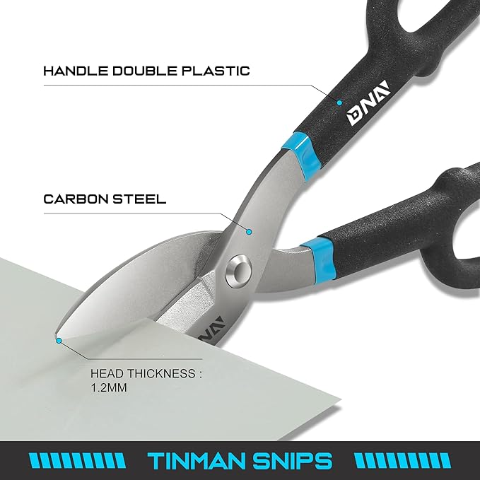 DNA Motoring Straight Cut Tin Snip Shears, Heavy Duty High Carbon Steel with Vinyl-Dipped Handles, Black/Blue, TOOLS-00491