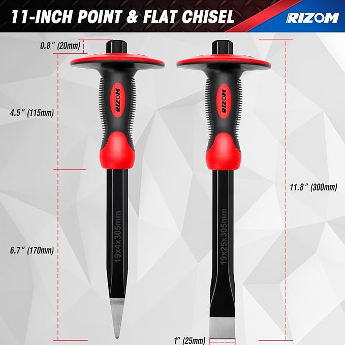 Rizom Chisel Set with Hand Protection, 3 Pcs Stone and Rock Chisel, Heavy Duty Masonry Tools including 11-Inch Point and Flat, 8-Inch Brick