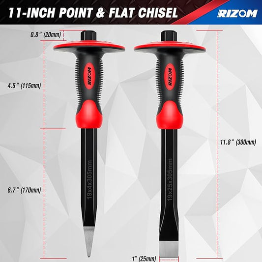 Rizom Chisel Set with Hand Protection, 3 Pcs Stone and Rock Chisel, Heavy Duty Masonry Tools including 11-Inch Point and Flat, 8-Inch Brick