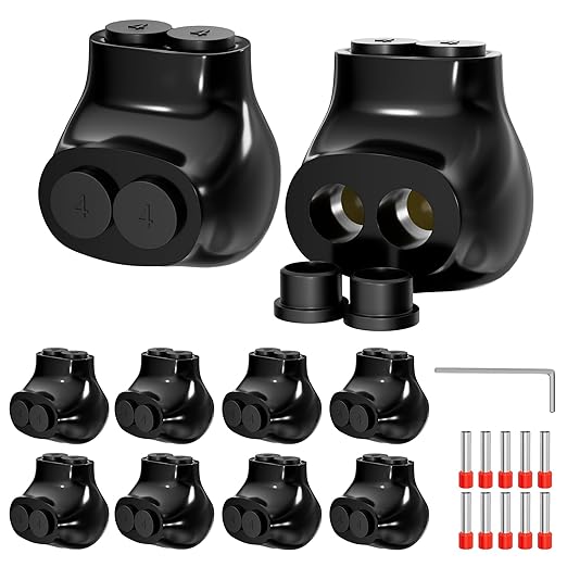 Joinfworld 2 Port Insulated Multi Tap Connector Aluminum to Copper Wire Connectors 4-14AWG Single Side Entry Aluminum Black Electrical Cable Connectors with Slotted Allen Hex - 10 Pack