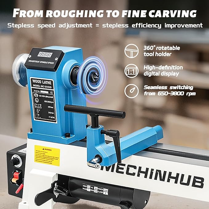 12" x 18" Digital Display Wood Lathe Machine, Benchtop Wood Lathe Machine 3/4HP Infinitely Variable Speed 650-3800 RPM Professional for High Speed Sanding and Polishing