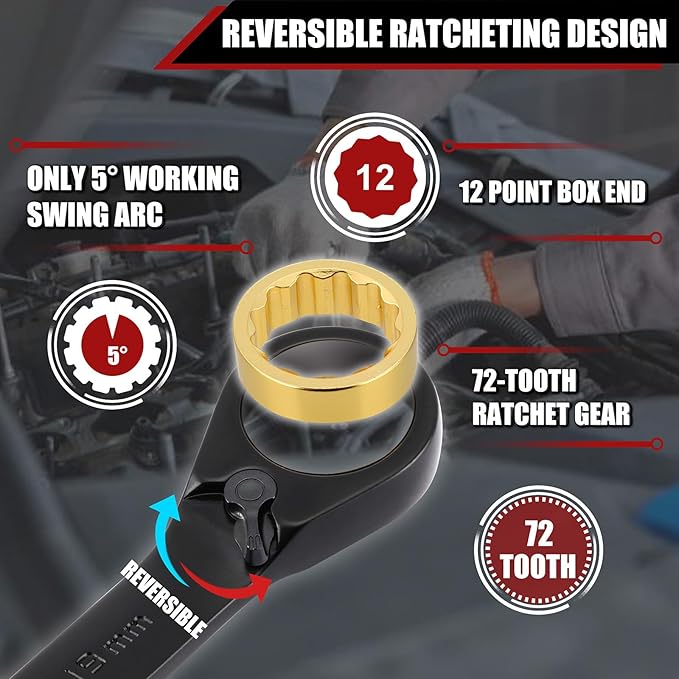 Mayouko 20PCS Reversible Ratcheting Combination Wrench Set, SAE 5/16"-3/4" & Metric 8-19mm, 12 Point, 72 Tooth, Cr-V Steel with Black Chrome Finish