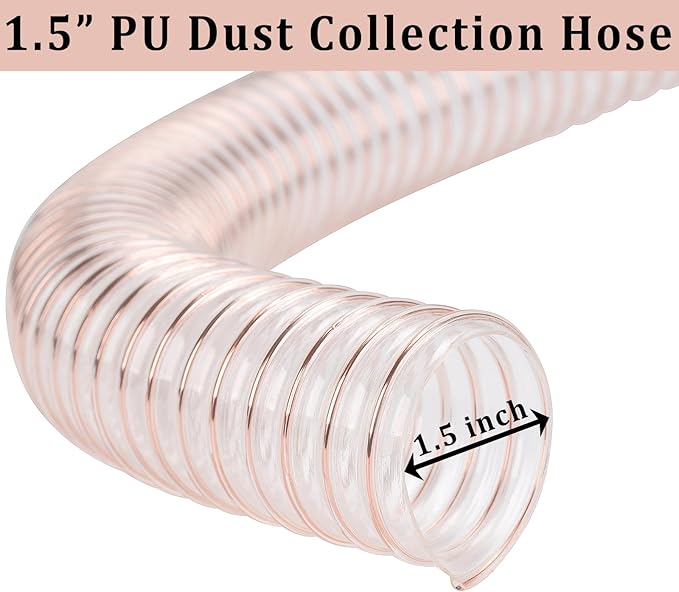 PU Dust Collection Hose 1-1/2??횞 20 ft Heavy Duty Clear Flexible Collector Hose Reinforced with Spiral Steel Wire for Dust Collection Systems Fume Debris Band Saw Jointer Wood Shop (PU Durable Type)