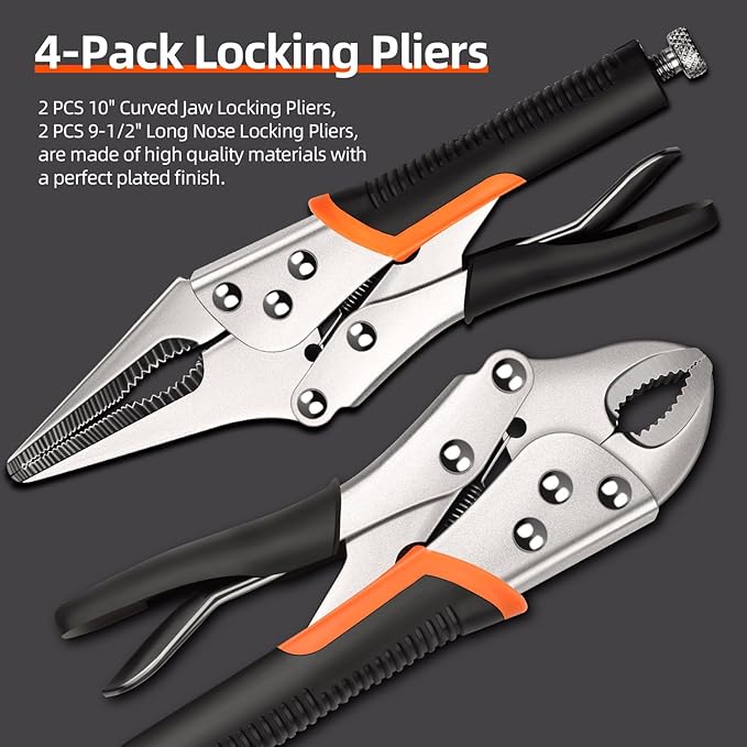 4-Pack Locking Pliers,Vice Grips Pliers Set 2PCS 10"Curved Jaw,2PCS 9-1/2" Needle Nose Vise Grips for welding,Metal Bending,Woodworking,Ergonomic Handle