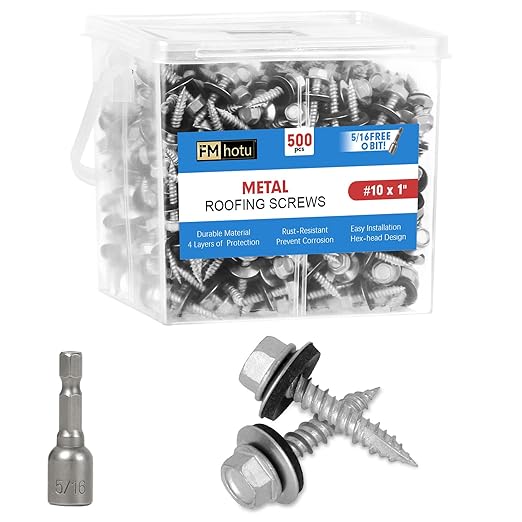 Metal Roofing Screws #10×1Inch, 500-PCS, Hex Head Rustpert Coating Sheet Metal to Wood Siding Screw with EPDM Rubber Washer, Sharp Point, Hex Socket Included