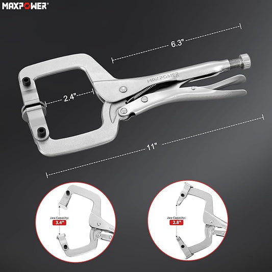MAXPOWER 11-Inch C Clamp Locking Pliers Set, Flexible Jaws Change with Pads or Regular Tips