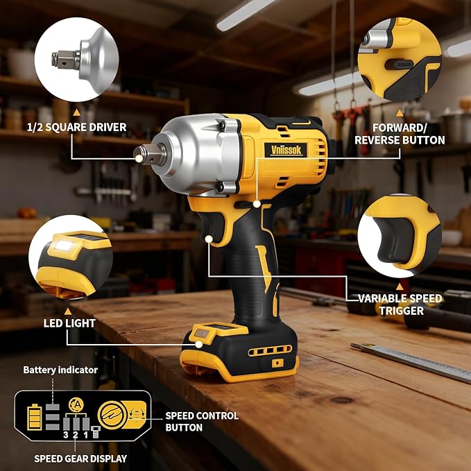 Cordless Impact Wrench 1/2 inch for Dewalt 20V Battery, 1000N.m Impact Driver High Torque Brushless Electric Impact Gun Includes LED Work Light for Car/Truck RV/Mower (NO Battery/Charger)