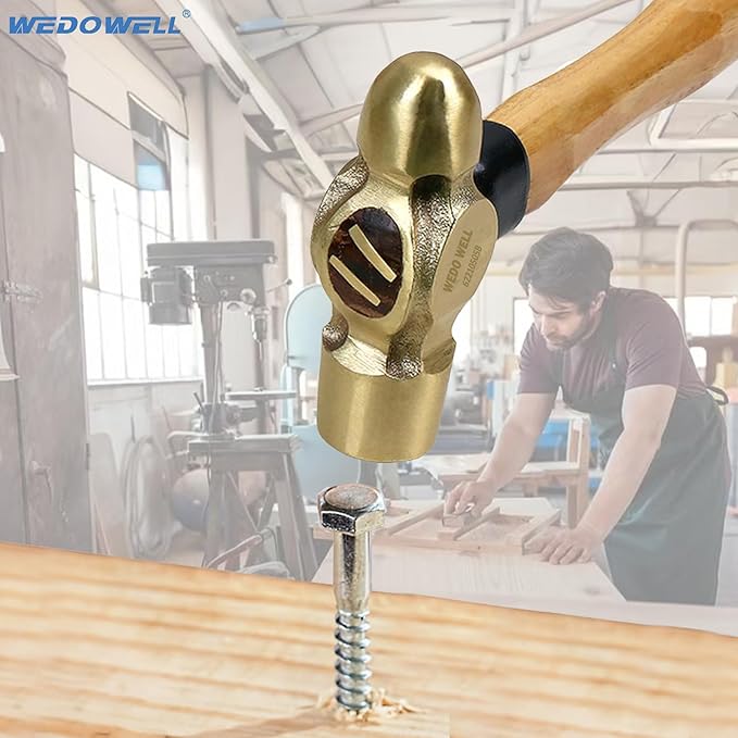 WEDOWELL 1/2lb Brass Ball Pein Hammer, Brass Ball Peen Hammer with Wooden Handle,Length 300mm,Die-forged,DIN Standard,Ideal for Demolition,Construction,Blacksmithing
