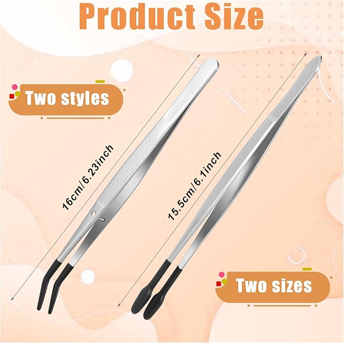 4 Pieces Tweezers with Rubber Tips PVC Rubber Coated Tweezers Rubbers Long Bent Tip Tweezer and Straight Flat Tip Tweezer for Lab Stamp Hobby Jewelry Crafts Feeding (Silver, Black)