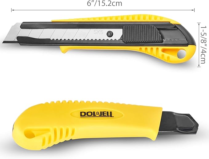 DOWELL Box Cutter Utility Knife Retractable Snap Off Blades Hobby Knife 3 Pack for Cutting Cardboard Boxes Leather (Yellow)
