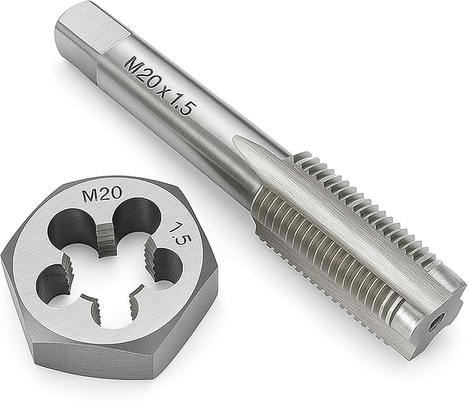 M20 x 1.5 Metric Tap and Die Set HSS Machine Tap and GCr15 Alloy Steel Hex Die Right Hand Thread Cutting Tool for Metal Repair