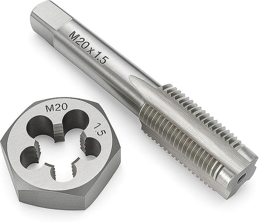 M20 x 1.5 Metric Tap and Die Set HSS Machine Tap and GCr15 Alloy Steel Hex Die Right Hand Thread Cutting Tool for Metal Repair